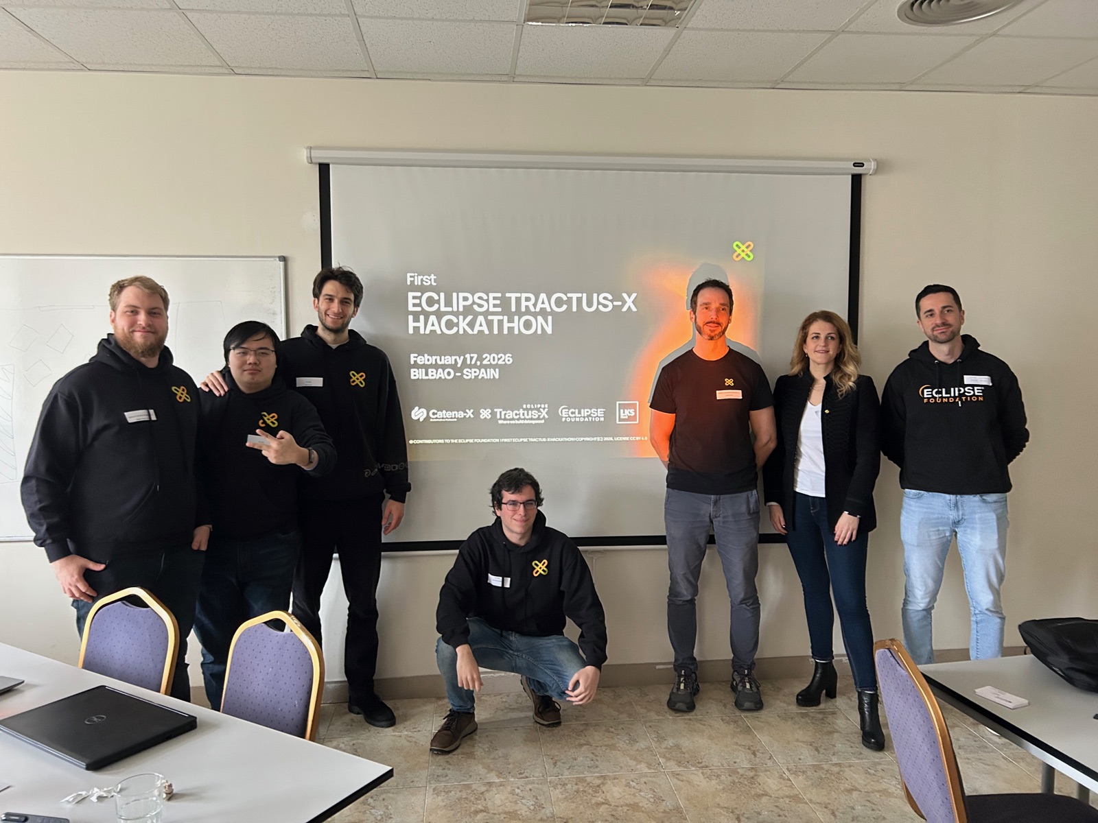 The organizing team in front of the First Eclipse Tractus-X Hackathon screen