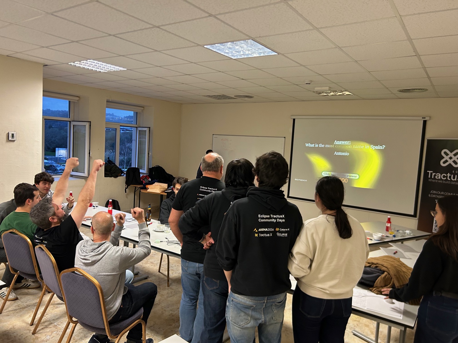 Participants cheering during the evening quiz projected on the screen