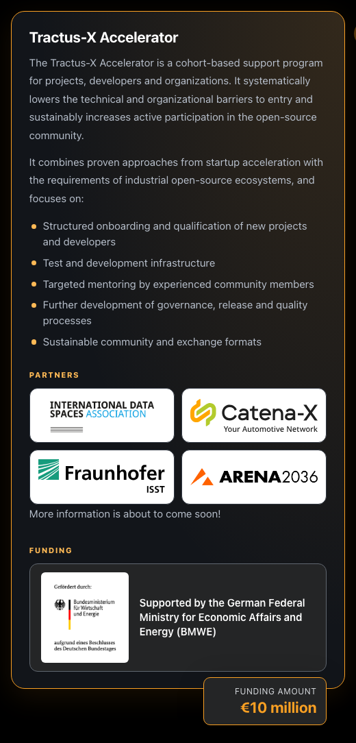 Tractus-X Accelerator card on the timeline with focus areas, partners and funding information