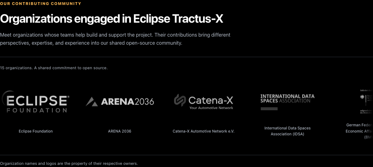 Logo carousel of organizations engaged in Eclipse Tractus-X
