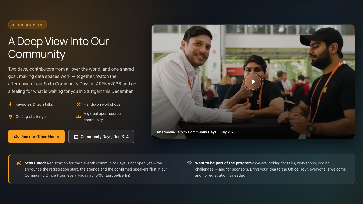 The community sneak peek section on the home page with the Sixth Community Days aftermovie