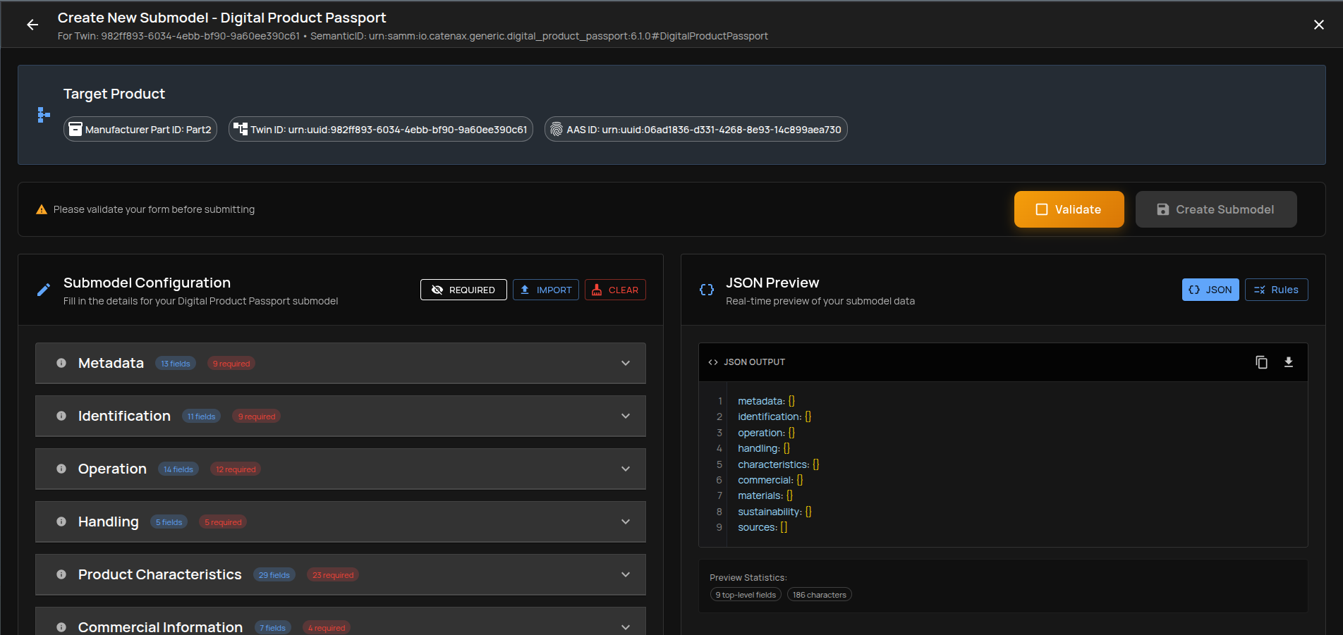 Creator Layout – header, status bar, and two main panels