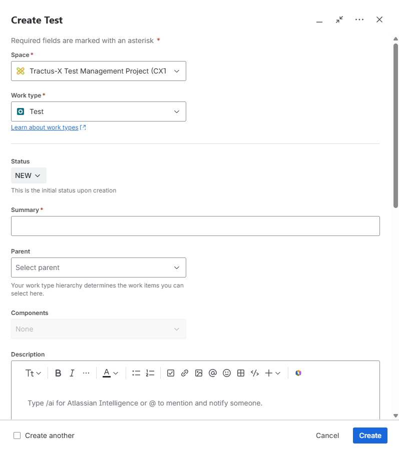 Top of the Create dialogue box with Test selected as the Work type and the Summary field highlighted