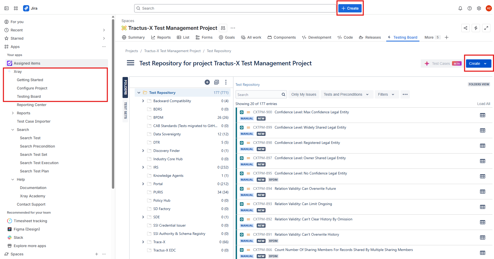 The Create buttons are highlighted in the Jira Xray interface for easy access to create new test artifacts