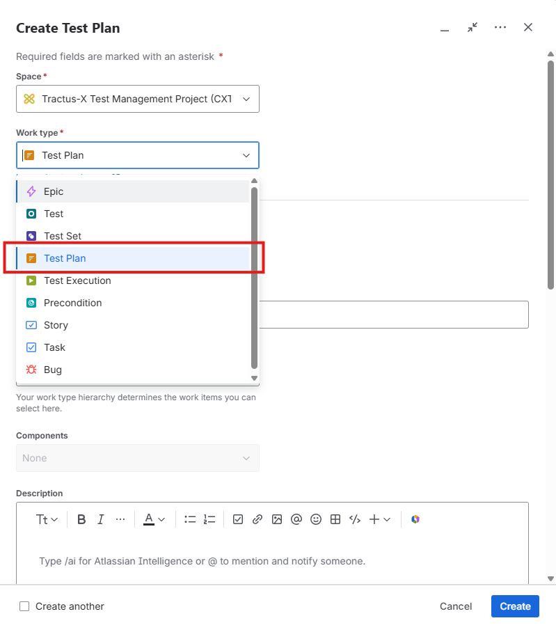 In the Create menu the Work type dropdown with Test Plan as the selected option is highlighted