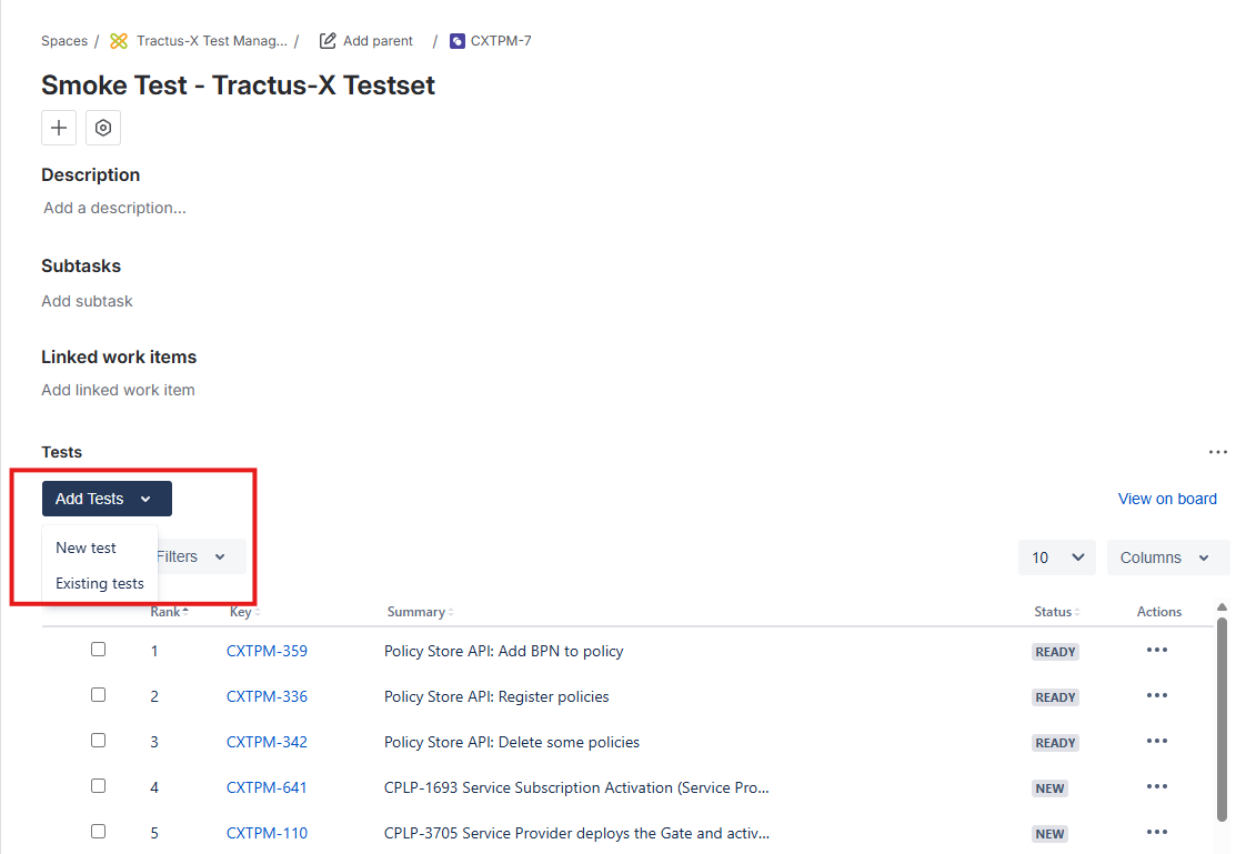 Add new or existing tests to a test set