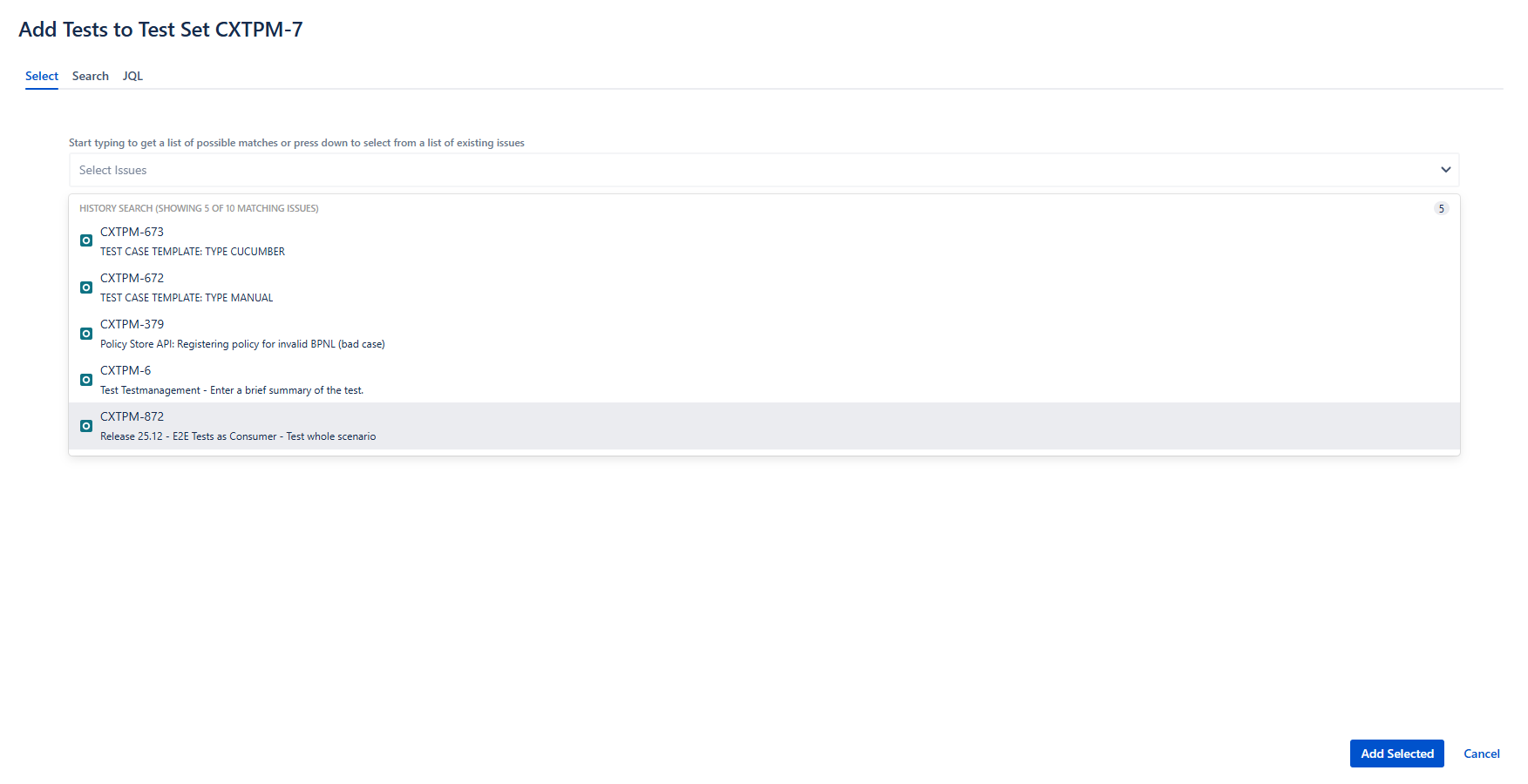 Add existing test from the list or use the more sophisticated search