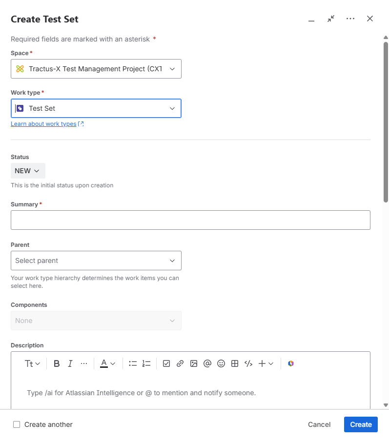 The Work type dropdown is highlighted, showing Test Set selected in the creation dialog