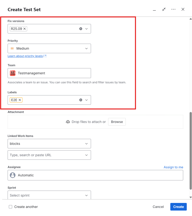 The Fix version, Priority, Team and Labels dropdowns are highlighted in the Create dialogue box